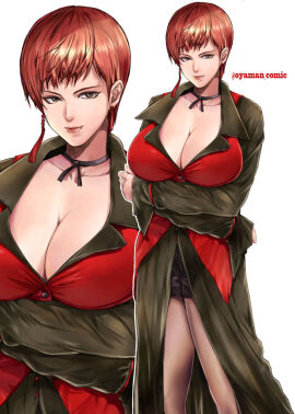 1girls auburn_hair big_breasts breasts brown_eyes brown_hair busty cleavage clothed dress earrings elegant elegant_dress female huge_breasts king_of_fighters light-skinned_female light_skin long_sleeves looking_at_viewer necklace oyaman red_dress short_hair smiling_at_viewer suit thick_thighs thighs very_short_hair vice_(kof) voluptuous voluptuous_female
