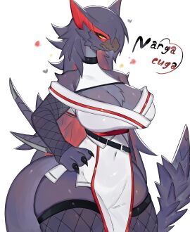 1girls anthro avian beak big_breasts blue_fur blue_hair breasts capcom cleavage clothing dark_blue_fur dark_blue_hair english_text female female_only fishnet_armwear fishnet_stockings fishnets fur furry hand_on_hip hi_res long_hair looking_at_viewer monster_hunter nargacuga solo tail text thick_thighs toge77789 togetoge white_background wide_hips yellow_eyes