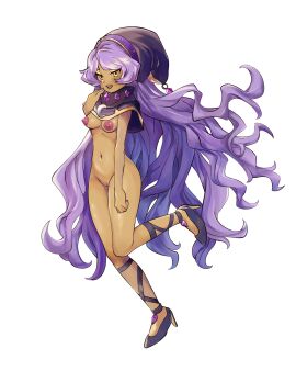 breasts_out commission dark-skinned_female fantasy_life hat heels long_hair naked_female neckwear niyuyu noelia noelia_(fantasy_life) nude nude_female pose purple_hair smug witch_hat