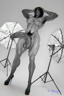 3d armpit_hair big_penis black_and_white closed_eyes fareeha_amari hairy hands_on_head high_heels high_heels_only muscular_futa navel_piercing nipple_piercing pharah photoshoot piercings posing pubic_hair septum_piercing veiny veiny_penis yeetiques