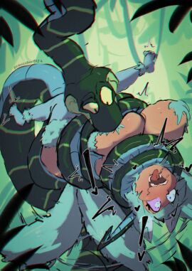 1girls aqua_hair big_breasts breast_sucking breasts coiling djuuicebox eureka eureka_seven female fox_costume fox_ears fox_girl fox_tail fur_clothing hi_res hypnosis kaa_eyes open_mouth snake tail tail_wagging tongue tongue_out wide_eyed xerxes_(rctdelta20) zoophilia