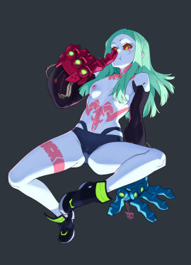 1girls breasts cyberpunk:_edgerunners cyberpunk_2077 feguimel female female_only large_hands nipples no_artist_signature panties petite rebecca_(edgerunners) shoes small_breasts small_eyebrows small_nose solo thighs topless topless_female