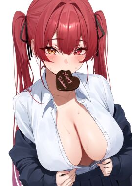 1girls 2d 2d_(artwork) big_breasts breasts button_down_shirt chocolate_heart cleavage clothed clothing digital_drawing_(artwork) female heterochromia hololive hololive_fantasy hololive_japan houshou_marine sweat tagme_(artist) twintails valentine's_day virtual_youtuber vtuber