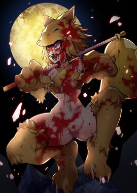 absurdres animal_ears animal_feet animal_hands animal_hat ass_visible_through_thighs bell blonde_hair blood_in_hair blood_on_arm blood_on_breasts blood_on_chest blood_on_clothes blood_on_face blood_on_feet blood_on_hands blood_on_leg blood_on_weapon blood_splatter blood_spray bottomless breasts claw_pose claws commission elbow_gloves fangs female fox_ears fox_girl fox_hat gloves glowing glowing_eyes halterneck hat highres holding holding_staff holding_weapon moon moonlight_flower night open_mouth pussy ragnarok_online saliva senmu_(0107) short_hair skeb_commission small_breasts solo squatting staff uncensored weapon yellow_fur yellow_gloves