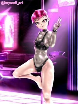 1femboy barefoot black_bra black_bracelet black_choker black_nail_polish black_nails black_panties bodysuit club ear_piercing feet femboy gay half_shaved_head joey_wolf little_penis looking_at_viewer nightclub nylons oc original_character peace_sign penis penis_visible_through_clothing persona piercing piercings pink_eyes pink_hair pole pole_dancer pole_dancing purple_light shiny_skin short_hair sona tongue_out