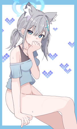 absurdres alternate_hairstyle animal_ear_fluff animal_ears between_breasts black_bra blue_archive blue_eyes blue_halo blue_shirt blush bottomless bra breasts collar commentary female grey_hair hair_ornament halo heart heart_in_eye highres kanimiso30601 looking_at_viewer medium_hair off-shoulder_shirt off_shoulder ponytail shiroko_(blue_archive) shirt sidelocks solo symbol_in_eye underwear wet white_background