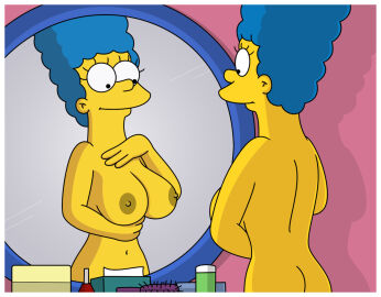 1girls arm_under_breasts ass big_breasts blue_hair breasts completely_nude erect_nipples female hand_on_chest hourglass_figure large_breasts looking_at_mirror marge_simpson mirror navel nipples nude smile solo_female the_simpsons wvs yellow_body yellow_skin