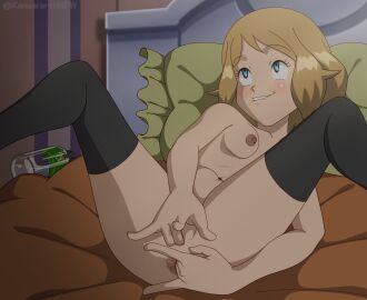 2d 2d_(artwork) 2d_artwork anal_masturbation beige_hair blue_eyes breasts female fingering fingering_self honey_blonde_hair kangarart masturbation naked_female naked_thighhighs pokemon pokemon_xy serena_(pokemon) short_hair solo stockings thighhighs