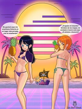 beach bikini black_hair female mr.kurokami mr_kurookami nami_(one_piece) nico_robin one_piece orange_hair small_ass small_breasts small_tits sunset teenage_girl vaporwave younger_female
