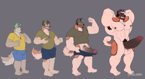 2021 absurd_res anthro artist_name barefoot big_penis black_armpit_hair black_collar black_hair blue_bottomwear blue_clothing blue_shorts bottomwear brown_penis canid canine canis clothing collar domestic_dog erection feet flexing full-length_portrait fur genital_expansion genital_growth genital_growth_(enlargement) genitals glans green_clothing green_hair green_shirt green_t-shirt green_topwear grey_background grin growth hair hi_res huge_cock jewelry male male_focus male_only mammal melaisen multicolored_hair muscle_growth muscles necklace orange_hair penis penis_expansion penis_growth penis_growth_(enlargement) pink_hair portrait red_glans shirt shorts simple_background smile solo standing t-shirt tan_body tan_fur teeth topwear transformation transformation_sequence two-tone_hair yellow_clothing yellow_shirt yellow_t-shirt yellow_topwear