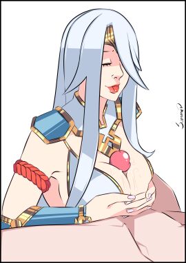 1boy 1girls artist_name boobjob breasts cassie_(paladins) closed_eyes clothed_female_nude_male dragoncaller_cassie erection female female_focus grey_hair human long_hair male male_pov paizuri paladins partial_male penis saliva shaved_crotch straight summerdrawer tongue tongue_out