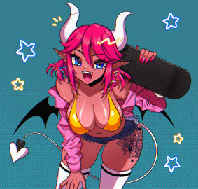 1girls belly belly_button bikini bikini_top blue-eyed_female blue_background blue_eyes breasts cleavage collarbone crystalsugarstars demon_tail demon_wings dot_nose ear_piercing earrings female female_focus female_only fingernails fingers hair_between_eyes hand_on_leg hand_on_own_leg hand_on_own_thigh hand_on_thigh high_resolution highres horn horns hourglass_figure jean_shorts knee_socks large_breasts lean_figure leaning_forward legs legwear lilith_(crystalsugarstars) lips looking_at_viewer medium_hair midriff narrow_waist navel open_mouth open_mouth_smile original original_art original_artwork original_character parted_lips pierced_ear pierced_ears pink-haired_female pink_eyebrows pink_hair shoulders simple_background skateboard slender_body slender_waist slim_female slim_waist smile smiley_face smiling smiling_at_viewer solo standing stockings string_bikini swimsuit swimwear tail thick_thighs thigh_gap thigh_highs thighhighs thighs thin_waist tongue upper_body upper_teeth white_horn white_horns white_legwear white_stockings white_thigh_highs white_thighhighs wide_hips wings yellow_bikini yellow_bikini_top yellow_string_bikini yellow_swimsuit yellow_swimwear