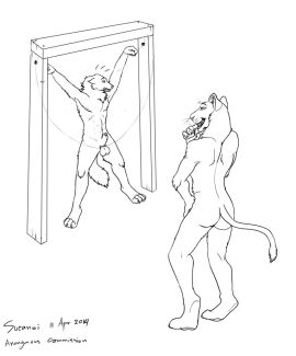 2014 4_toes 5_fingers abs anthro ass ballbusting balls bedroom_eyes biped bondage bound canid canine canis castration cock_and_ball_torture cock_and_balls_torture dated dominant dominant_female duo ears_down english_text feet felid female fingers full-length_portrait genital_torture genitals grin hand_on_hip hands_tied imminent_castration line_art lion looking_at_another male mammal narrowed_eyes navel neck_tuft nipples nude nude_anthro nude_female nude_male pantherine penis pivoted_ears portrait predicament_bondage seductive signature simple_background smile standing submissive submissive_male sueanoi tail tail_between_legs text tied_balls toes tuft white_background wolf worried