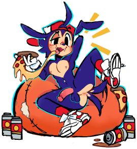 alcohol anthro anus backwards_hat balls bean_bag beer beverage beverage_can big_penis canid canine clothing femboy flaccid food footwear full_body genitals hat headgear headwear hi_res male mammal navel navel_piercing nipple_piercing nipples penis piercing pizza sharp_teeth shoes sneakers solo tail tail_motion tailwag teeth tongue tongue_piercing toxic-ink