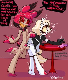 1boy 1girls age_difference alastor_(hazbin_hotel) arm_gloves ass balls bent_over bent_over_table black_tip blightstar blonde_hair bowtie bowtie_only charlie_morningstar_(hazbin_hotel) cleaning cleaning_rag creepy_smile deer_boy deer_tail demon demon_girl dialogue english_text female hair_tie hazbin_hotel hooves inktober kinktober maid maid_headdress maid_outfit maid_uniform male monocle panties_down penis princess pubic_hair red_cheeks red_claws red_eyes red_hair red_hooves red_sclera sharp_teeth skirt_lift smooth_balls speech_bubble straight_sex sudden_penetration suprise_sex suprised table tagme tan_body vivienne_medrano white_skin wide_eyed yellow_sclera yellow_teeth