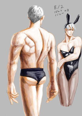 1boy bunny_boy bunny_ears bunnysuit grey_hair jojo's_bizarre_adventure male male_only muscular muscular_back risotto_nero vento_aureo