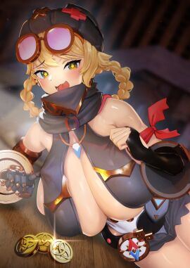 1girls blush breasts_bigger_than_head cute cute_fang female_focus female_only genshin_impact goggles huge_breasts jahoda_(genshin_impact) looking_at_viewer lying_on_side mostly_clothed peroperoperori robotic_arm seductive skimpy skimpy_clothes solo_female teasing thick_thighs wide_hips