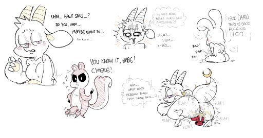 arcticdraws black_sclera blush chikn_nuggit cowgirl_position cum cum_in_pussy cum_inside dialogue dick dragon fapping female fwench_fwy_(chikn_nuggit) hawt_saus_(chikn_nuggit) horns implied_masturbation iscream_(chikn_nuggit) larger_female male ntr penis plap power_bottom_cuck power_cuck power_cuckold purple_eyes pussy rabbit size_difference small_dom_big_sub smaller_male squirrel straight text vagina vaginal_penetration white_background