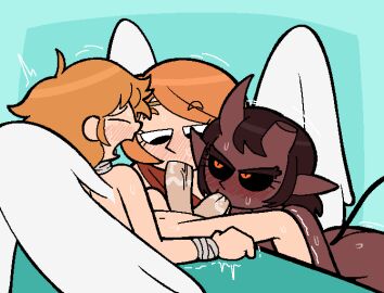 1boy 2girls angel angel_humanoid ass balls balls_suck bandage belz_(nylonics) blowjob blue_background blush blush_lines bodily_fluids brown_hair cassius_(nylonics) cum cum_in_mouth cum_inside demon demon_humanoid emanata feathered_wings feathers fellatio female genital_fluids genitals group group_sex hair horn horned_humanoid humanoid humanoid_genitalia humanoid_penis krusha64612042 looking_pleasured male male/female nude oral orange_sclera penelope_(nylonics) penile penis sex simple_background sitting sucking sucking_balls sweat tail tailed_humanoid threesome trio wings