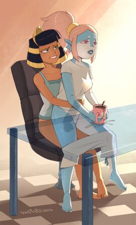 akila_theoris alien alien/human alien_girl alien_humanoid aroused bottomless cleopatra_in_space cleopatra_philopator coffee_mug dark-haired_futa dark-skinned_futa dark_hair dark_skin dickgirl feet female fish_girl futa_on_female futanari green_eyes grinning holding_belly holding_mug holding_object holding_stomach hot_chocolate hugging hugging_from_behind intersex messy mug owotodiuwu partially_clothed penis pink-haired_female pink_eyes pink_hair ponytail royalty see see-through see-through_penis shorts_down sitting sitting_on_chair sitting_on_lap sitting_on_penis sitting_on_person table tanktop two-tone_hair white_shirt