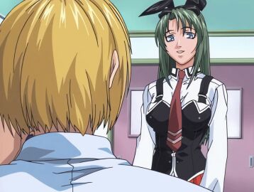 00s 2001 2girls age_difference animal_ears animated bible_black bible_black_night_of_the_walpulgiss blonde_hair blue_eyes breasts bunny_ears female green_hair ito_mika kitami_reika lab_coat long_hair necktie nurse older_female_and_younger_female rabbit_ears red_skirt school_nurse_and_student school_uniform shoes short_hair skirt tagme teacher_and_student