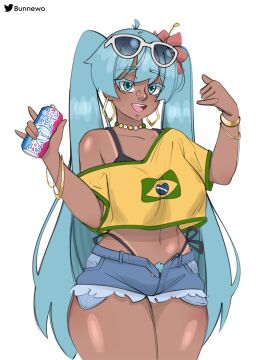 1girls blue_hair brazil brazilian brazilian_female brazilian_flag_bikini brazilian_miku bunnewo female hatsune_miku latin_american_hatsune_miku_(meme) necklace soda tan_line tan_lines tanline tanlines tanned tanned_body tanned_female tanned_skin thong vocaloid whale_tail