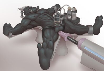 absurd_res anthro balls bodily_fluids bondage bound cum dragon electricity electrostimulation erection fucking_machine furniture gag genital_fluids genitals hi_res horn machine male monduck muscular mythological_creature mythological_scalie mythology nipples nude penile penis penis_milking polaris scalie solo solo_focus table