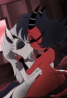 2girls breasts cheating cheating_wife choker closed_eyes collar collarbone demon_horns demon_tail erect_nipples female female_focus female_only femdom femsub furry furry_breasts grey_fur hellhound helluva_boss horns imp kissing larger_female lesbian lesbian_kiss looking_at_partner loona_(helluva_boss) millie_(helluva_boss) neuropaws nipples nude nude_female on_bed pussy red_skin tail thick_thighs thighhighs two-tone_fur vivienne_medrano wet wet_pussy white_background white_fur white_sclera yuri