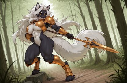 absurd_res ai_generated anthro armor black_body black_sclera canid canine canis countershading female forest forest_background gold_(metal) gold_armor hair hi_res holding_object holding_weapon long_hair mammal melee_weapon muscular muscular_female nature nature_background plant polearm solo spear tree weapon white_body white_countershading white_hair white_tail wolf yellow_eyes