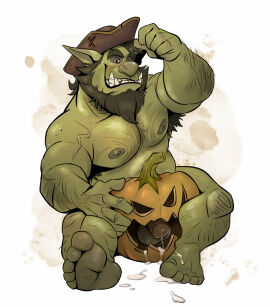 2022 5_fingers 5_toes armpit_hair balls beard bodily_fluids body_hair brown_clothing brown_hat brown_headwear clothing cum cum_on_feet cum_string dead_stray_bear facial_hair feet fingers genital_fluids genitals green_body green_skin hair hairy hat hat_only headgear headgear_only headwear headwear_only hi_res humanoid humanoid_feet humanoid_pointy_ears jack-o'-lantern looking_at_viewer male male_only mostly_nude muscular muscular_humanoid muscular_male nipples orc orc_male penis plantigrade simple_background soles solo sweat teeth tipping_hat toes tusks vein