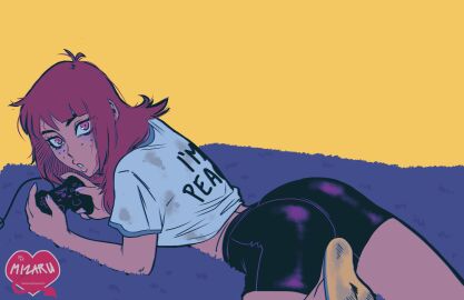 2024 alternate_version_available bangs brown_hair buckteeth cup_noodles dark_circles dirty_socks fanart female freckles freckles_on_face hatching_(texture) kara_eklund_(hitsujigoods) mizaru neet neet_girl on_stomach simple_background stained_clothes text_on_clothes