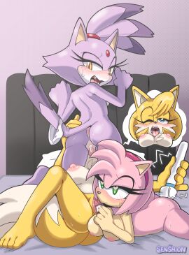 3girls amber_eyes amy_rose animal_ears animal_tail anthro anthro_on_anthro anthro_only areolae artist_logo artist_name blaze_the_cat blue_eyes blush breasts cat_ears cunnilingus eyelashes facesitting feline feline_humanoid female female_only fff_threesome finger_fuck fingering_partner forehead_jewel fox_ears fur genderswap genderswap_(mtf) green_eyes heart-shaped_pupils hedgehog hitachi_magic_wand lavender_fur licking_pussy multiple_females multiple_girls nipples nude one_eye_closed open_mouth oral oral_sex pink_fur purple_fur pussy rule_63 sega senshion sex_toy sonic_(series) sonic_the_hedgehog_(series) tails tails_the_fox tailsko threesome trio vibrator yellow_fur yuri