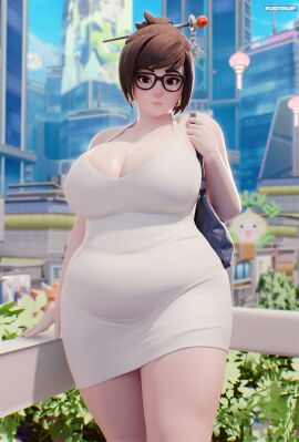 1girls 3d asian asian_female belly breasts brown_eyes brown_hair chubby chubby_female city cleavage clothed covered_navel earrings fat female fugtrup fully_clothed glasses hair_bun hair_ornament hairpin large_breasts looking_at_viewer mei_(overwatch) minidress outside overwatch overwatch_2 pale_skin short_hair slightly_chubby solo thick thick_thighs thighs
