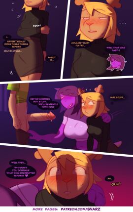 1boy 1girls 2024 2girls artist_name bedroom_eyes big_breasts big_penis blush bodily_fluids bottomwear breasts caught clothed clothed_breasts clothing comic comic_page conditional_dnp deer deer_girl deltarune dialogue dinosaur english_text female female/female female_on_human foreskin furry_only genitals group heart heart_symbol hi_res human kris_(deltarune) male male/female mammal monster monster_girl narrowed_eyes noelle_holiday page_8 patreon_username penis penis_awe penis_shadow reptile scalie school schoolgirl seductive speech_bubble susie_(deltarune) svarzye sweat sweatdrop tail teeth text tongue trio uncensored uncircumcised undertale_(series) unzipped virgin zipper