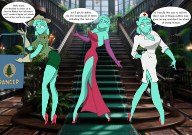 bare_legs car_door cleavage cocktail_dress cosplay elbow_gloves female forest_ranger ghost ghost_girl glitch_productions gloves green_body green_hair halloween hat high_heels jessica_rabbit jessica_rabbit_(cosplay) jessica_rabbit_outfit martha_mildenhall no_mouth nurse_cap nurse_uniform red_dress red_heels short_shorts the_amazing_digital_circus twilight_jester who_framed_roger_rabbit