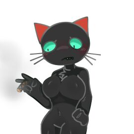 anthro aqua_eyes big_breasts black_fur blush breasts featureless_breasts featureless_crotch female furry genderswap genderswap_(mtf) holding_cigarette kobayashi_(teach_the_cat) kumi_x milf oyasaioni9 red_ears rule_63 self_upload tagme teach_the_cat thin_waist whiskers