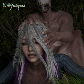 3d close_up dbd dead_by_daylight female forest forest_background futa_on_female futanari huntress_(dead_by_daylight) intersex mask muscular muscular_futa sable_ward size_difference wet yeetiques