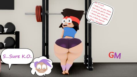 1boy 1girls 3d ass big_ass big_butt black_eyes black_hair blender blush blush_lines cartoon_network enid fat_ass fat_butt female femboy fully_clothed georgemarina headband huge_ass huge_butt k.o._(ok_k.o.!_let's_be_heroes) looking_back male ok_k.o.!_let's_be_heroes purple_hair text text_bubble thick_ass thick_butt thick_thighs warner_brothers