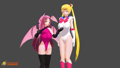 2girls 3d artist_logo artist_name bishoujo_senshi_sailor_moon blonde_hair breasts cg demon demon_girl female female_only head_wings hypnosis large_breasts latinkaixa leotard mind_control pink_hair sailor_moon usagi_tsukino white_leotard wings