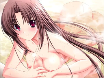 anejiru ass bare_arms bare_shoulders big_breasts blush breasts brother_and_sister brown_hair censored censored_penis choco_chip closed_mouth collarbone completely_nude female game_cg hot_spring incest long_hair male mosaic_censoring nipples nude official_art older_female_and_younger_male onsen outdoors paizuri partially_submerged penis red_eyes shirakawa_ryouko small_penis small_penis_adoration smile steam sweat sweaty_body water