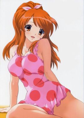 alternate_hairstyle asahina_mikuru breasts cameltoe casual_one-piece_swimsuit cleavage dress_swimsuit female frilled_one-piece_swimsuit frills large_breasts medium_breasts one-piece_swimsuit orange_eyes orange_hair polka_dot polka_dot_swimsuit ponytail pussy scan sitting smile solo suzumiya_haruhi_no_yuuutsu swimsuit tim_tim_machine