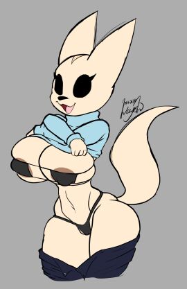 aggressive_retsuko aggretsuko anthro areola areola_slip big_breasts bikini black_eyes bottomwear bottomwear_down breasts camel_toe cameltoe canid canine clothed clothing clothing_lift female fennec_fox fenneko fox fur hi_res mammal mature_anthro mature_female pants pants_down partially_clothed pussy sanrio shirt shirt_lift signature smile solo swimwear topwear true_fox two-piece_swimsuit undressing wayesh white_body white_fur