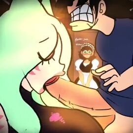 1boy 2girls animated atsuko_(lemonadepikachu) big_penis blowjob caught caught_in_the_act closed_eyes deep_blowjob deepthroat edit fellatio female green_hair gritting_teeth huge_cock josh_(lemonadepikachu) large_penis lemonadepikachu light-skinned_female light-skinned_male light_skin maid maid_headdress maid_outfit maid_uniform male mp4 oral oral_sex original original_character original_characters penis pink_lips pink_lipstick shorter_than_10_seconds shorter_than_30_seconds sound sound_edit sound_effects video