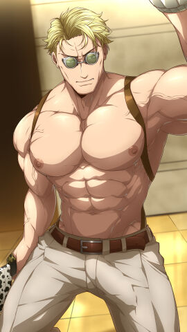 1boy bara blonde_hair bulge clothing daddy erection_under_clothes jujutsu_kaisen kento_nanami kuroshinki male male_focus male_nipples male_only mature_male muscular muscular_male nipples penis penis_outline solo_male yaoi
