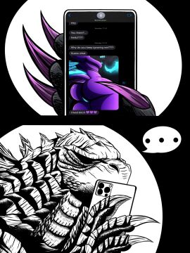 anthro areola ass big_ass big_butt blue_areola blue_nipples duo electronics female feral godzilla godzilla_(series) hi_res kaiju line_art male monster monsterverse nipples nude nude_female phone phone_screen scales scalie sending_nudes simple_background spankable spankable_ass thick_thighs tiamat_(monsterverse) toho znackyartz