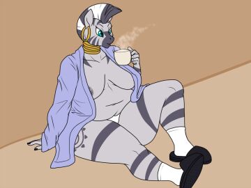 4:3 anthro anthrofied belly big_belly big_breasts breasts clothing container cup cutie_mark ear_piercing ear_ring equid equine female footwear friendship_is_magic hasbro legwear lurkingtyger mammal my_little_pony natural_breasts navel overweight overweight_anthro overweight_female piercing ring_piercing shoes slippers socks solo thick_thighs zebra zecora_(mlp)