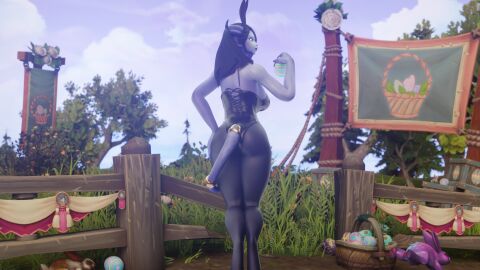 1girls ass big_ass black_hair blue_body bunny_ears bunnysuit draenei easter female female_only fishnets hooves horns morilymory outside solo standing tail warcraft world_of_warcraft