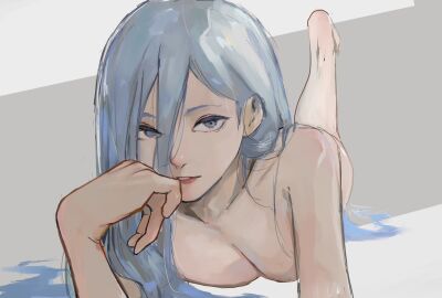 1girls blue_eyes breast_press breasts cleavage completely_nude female hair_down hand_on_own_chin jujutsu_kaisen large_breasts leg_up linkim looking_at_viewer lying mei_mei_(jujutsu_kaisen) nude on_stomach solo the_pose white_hair