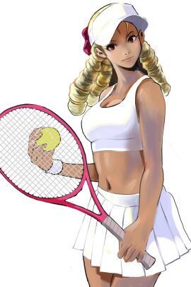 2d artist_request athletic athletic_female blonde_hair breasts busty drill_hair female female_focus female_only hourglass_figure karin_kanzuki long_hair street_fighter tagme tennis_racket tennis_uniform wide_hips