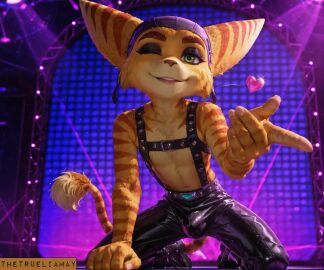 ai_generated blowing_kiss bulge green_eyes heart kneeling leather lombax looking_at_viewer male on_knees one_eye_closed ratchet_(ratchet_and_clank) ratchet_and_clank smile solo stable_diffusion trueliamay winking